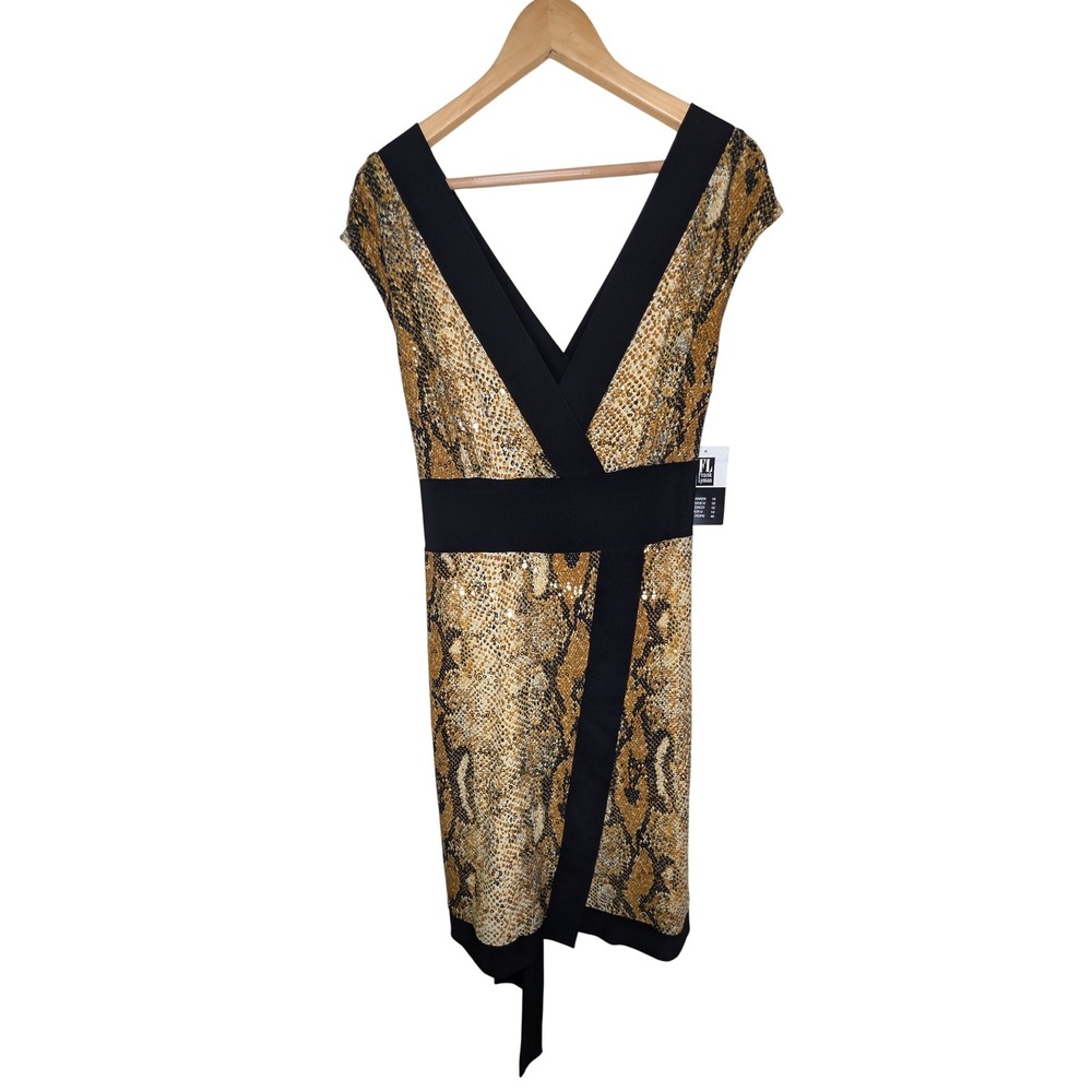 Frank Lyman Snakeskin Sequin V-Neck Sheath Dress Gold Brown Black Size 12 73155